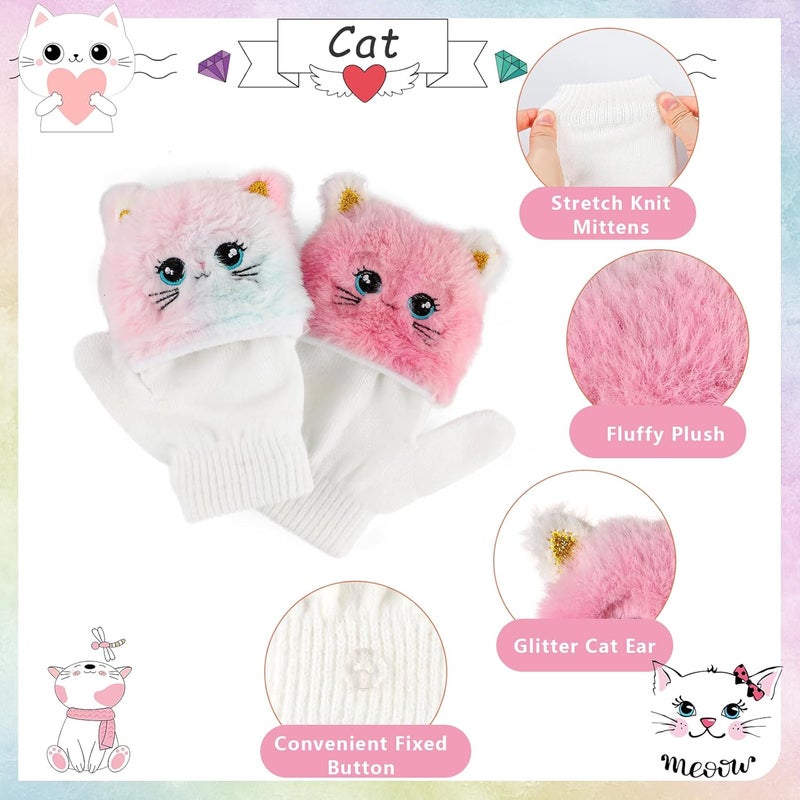 Hifot Girls Hat and Gloves Set, Winter Hats and Gloves for Kids, Fluffy Earflap Cat Beanie with Winter Mitten for Kids - Image 3